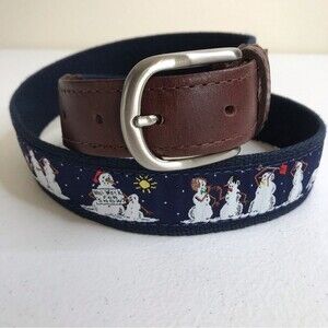 The Belted Cow Naughty Snowmen Leather Tab Belt Navy Web Silver Brass Buckle 32